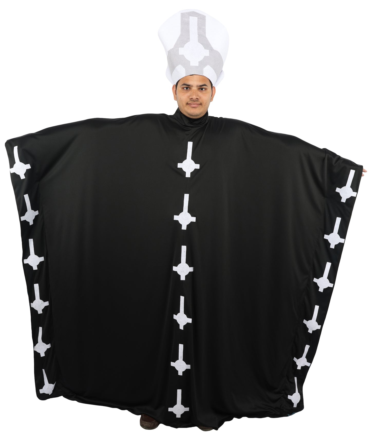 HPO Men's Satanic Pope Costume | Ghostly Grim Clergy Black Robe Teal Satin Lining Inverted Cross Mitre Hat | Halloween Dark Metal Rock Cosplay Stage Performance Wardrobe Piece