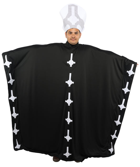 HPO Men's Satanic Pope Costume | Ghostly Grim Clergy Black Robe Teal Satin Lining Inverted Cross Mitre Hat | Halloween Dark Metal Rock Cosplay Stage Performance Wardrobe Piece