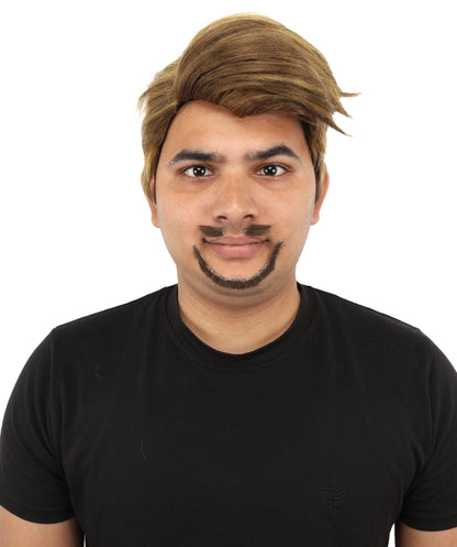 HPO Men's Detective Side-Part Wig Beard & Mustache | Sandy brown with golden highlights, create of synthetic fiber, sleek swept-side volume, breathable capless cap |