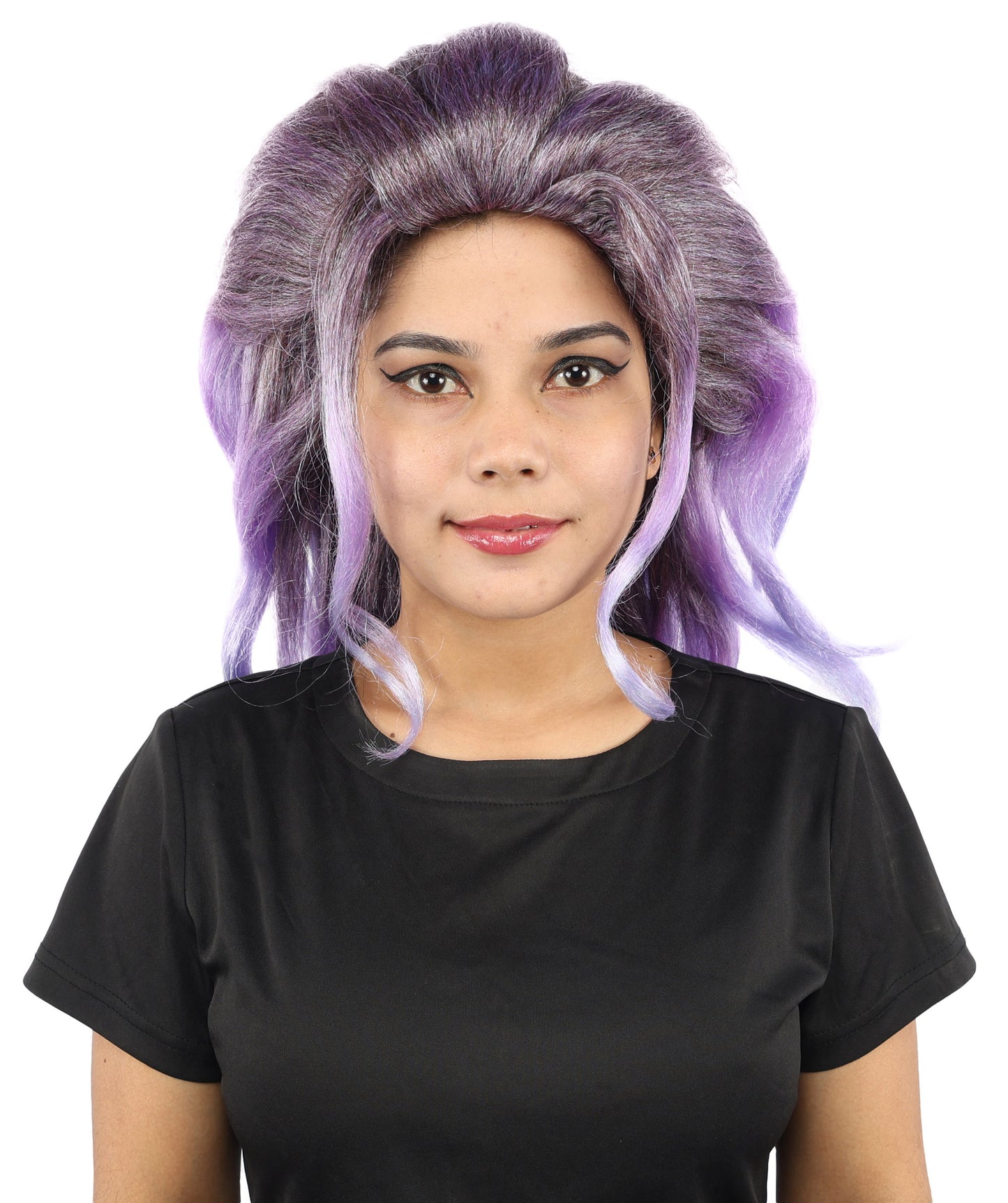 HPO Women's Long Wavy Fantasy Purple wig | Dark roots transitioning to luminescent blue tips, created of flame-retardant synthetic fiber, capless base | Theater stage, costume events, drag