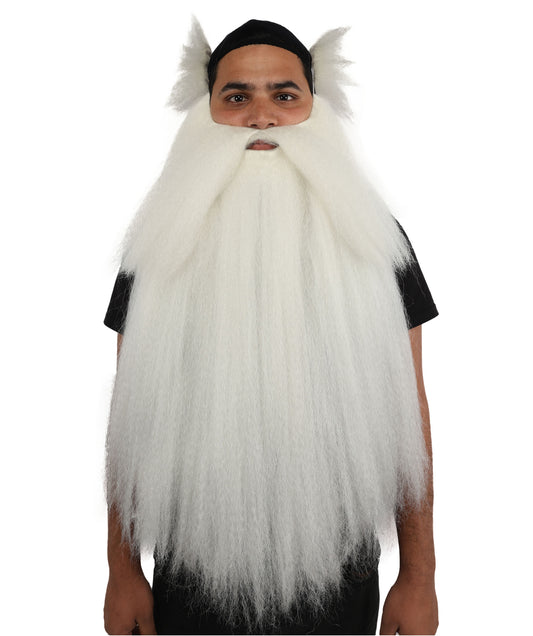 HPO Men's Elder Mage Wig & Beard Set | Long White Hair with Matching Mustache, Beard & Sideburns | Synthetic Wig for Cosplay, Halloween, Stage & Roleplay