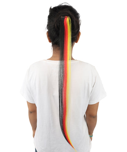 HPO Women's German Clip-in Hair Extension | Sleek straight red, black and yellow synthetic fibers featuring a secure snap attachment | Ideal for party, Halloween, cosplay, theater, drag, performance, costume events