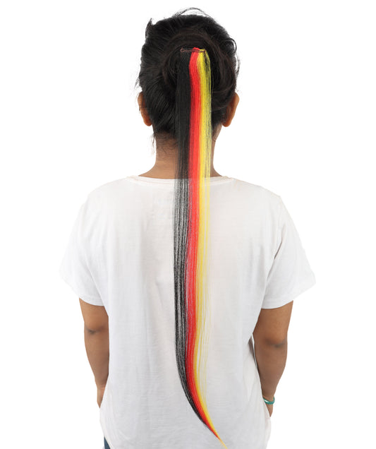 HPO Women's German Clip-in Hair Extension | Sleek straight red, black and yellow synthetic fibers featuring a secure snap attachment | Ideal for party, Halloween, cosplay, theater, drag, performance, costume events