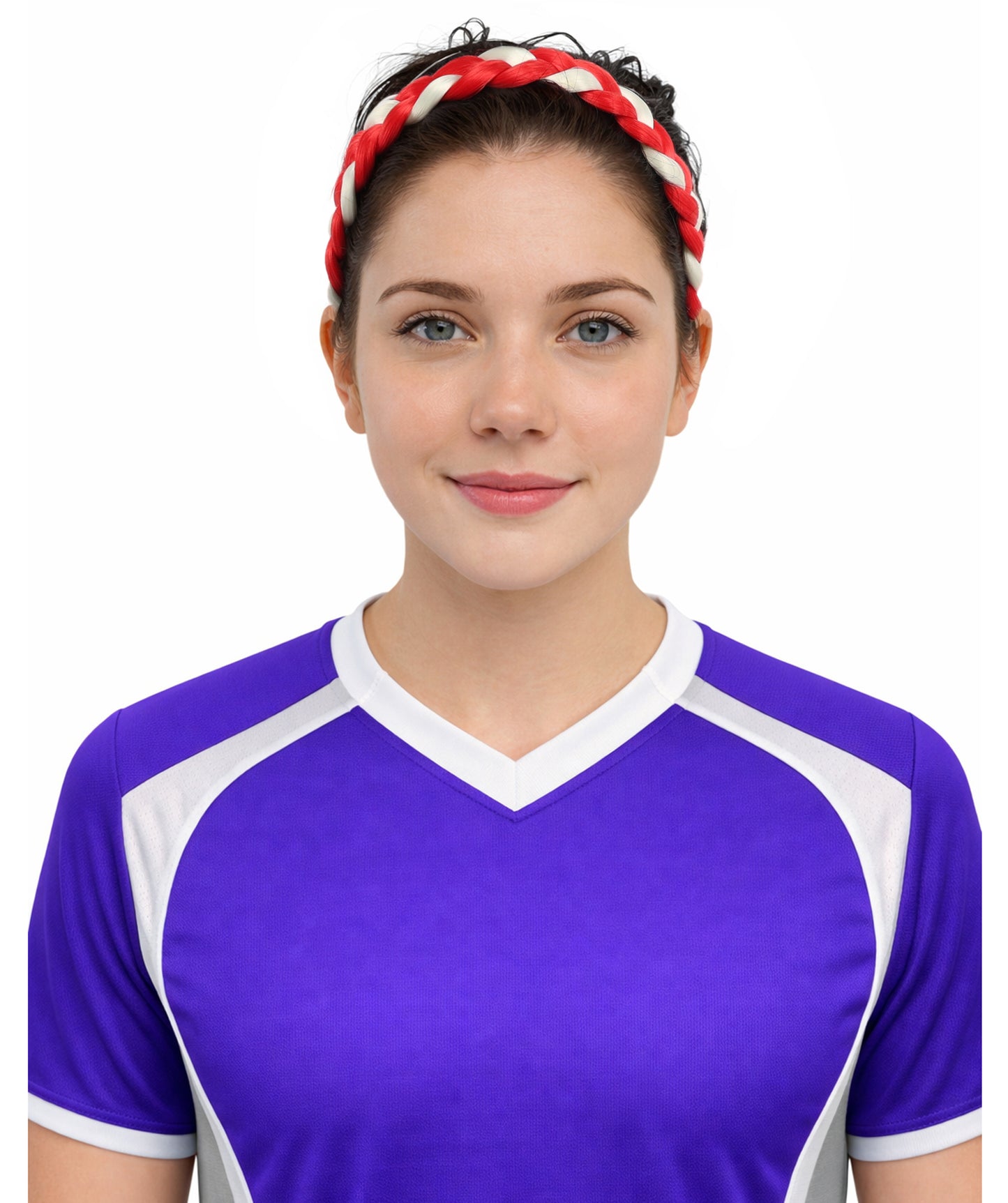 HPO Women's Multinational Braided Hairband | Textured red and white synthetic fibers woven into a twisted headband with elastic backing | Ideal for party, Halloween, cosplay, theater, drag, performance, costume events