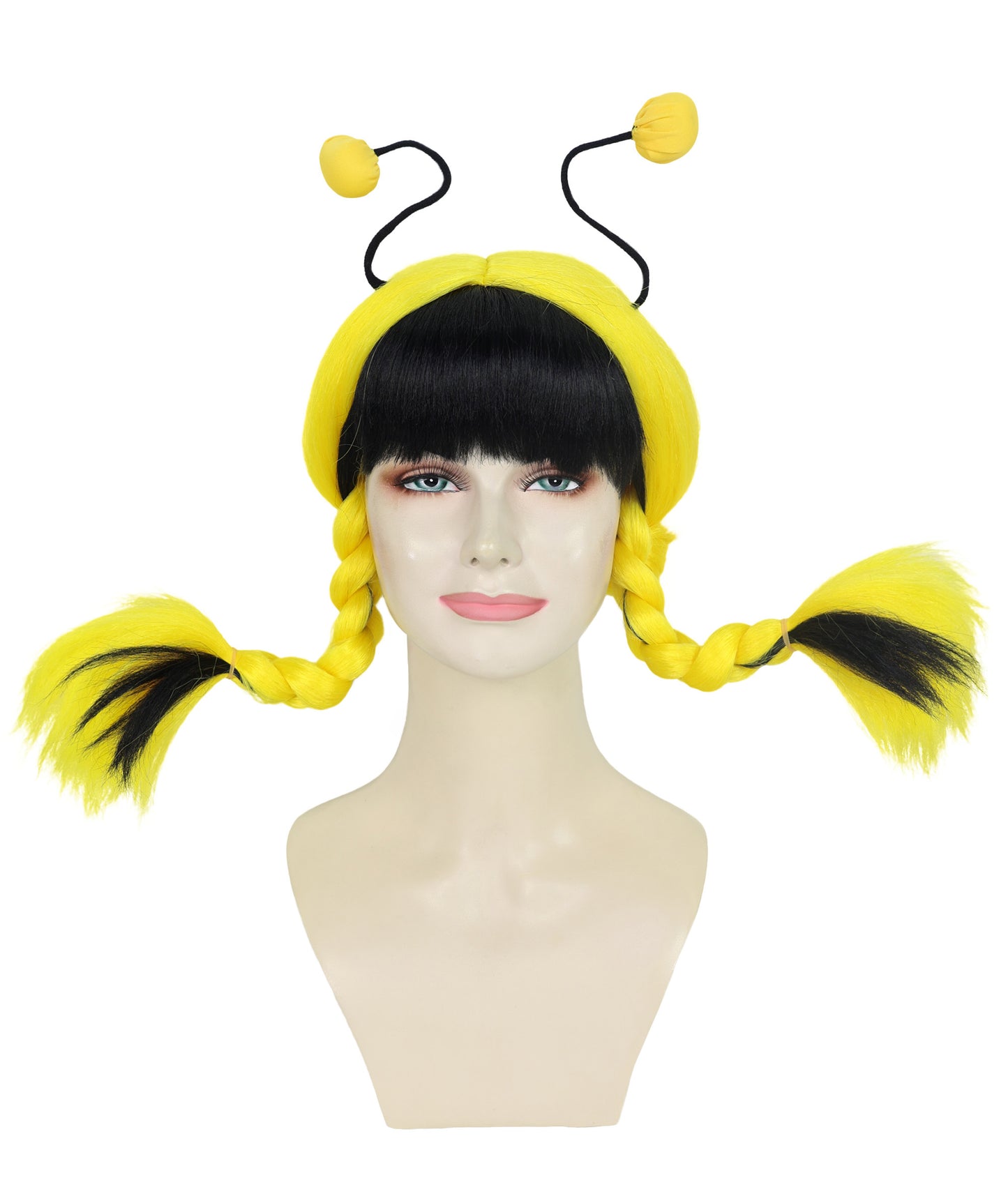 HPO Adult Women's Bee Mine Wig | Black and Yellow Striped Bob Wig with Antenna Headband for Women and Teens | Perfect for Bee Costumes, Halloween, Festivals Events