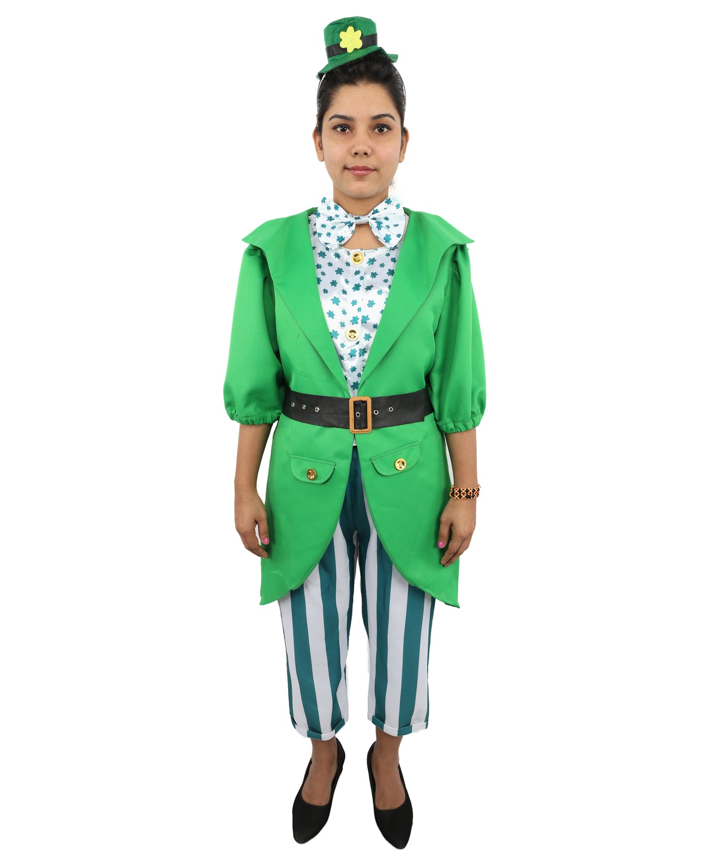 HPO Women's Irish Green Holiday Suit | Layered Shamrock Top and Knickers with Attached Belt | Versatile for Stage Shows, Pub Crawls, and Costume Parties