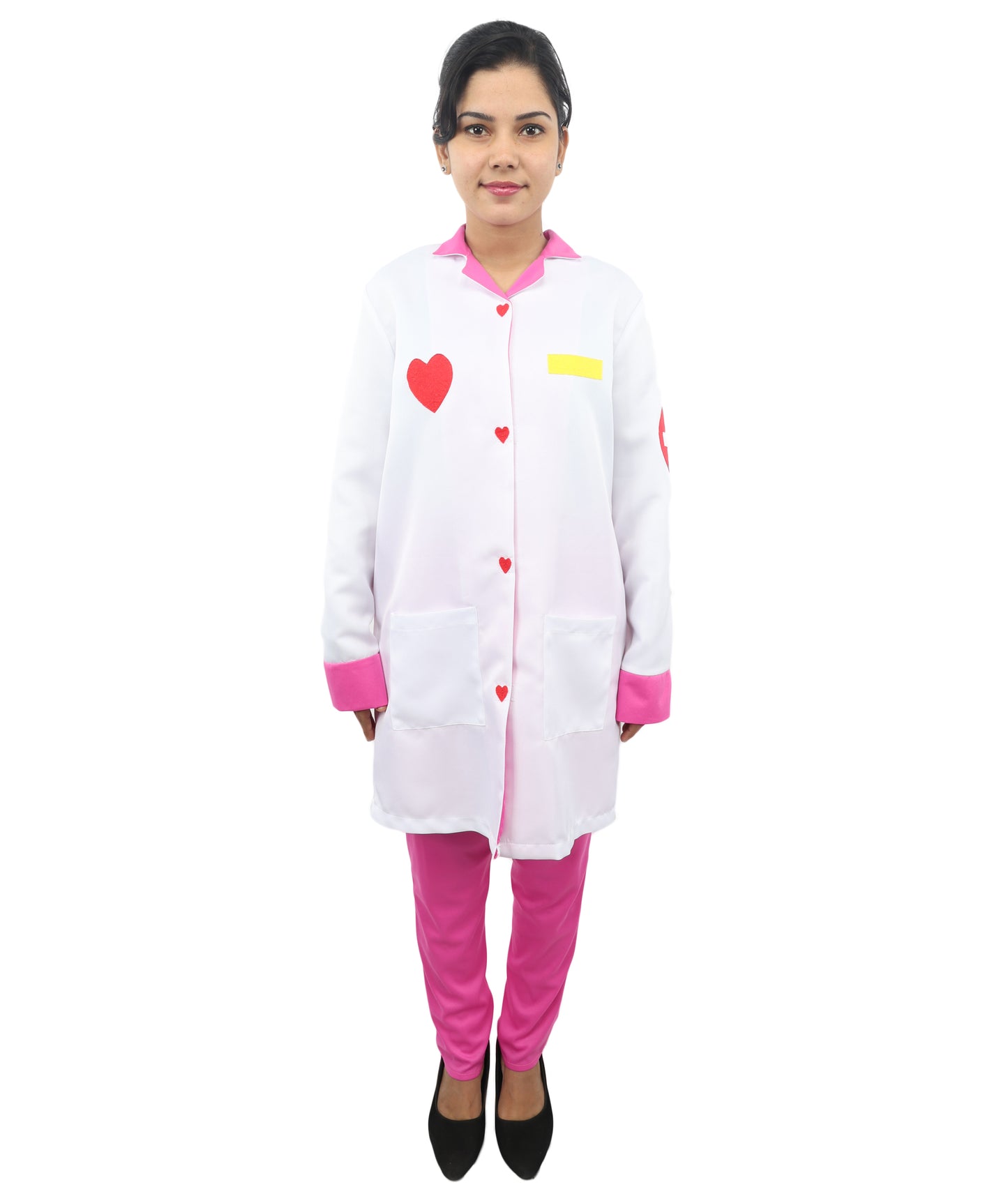 HPO Women’s Healthcare Roleplay White & Pink Costume Set | Medical Theme Coat with Patches | Visual styling for Cosplay Events, Parties