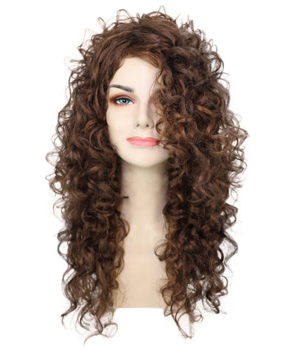 HPO Women’s Mariah 23-inch Long Voulomous Long Mahogany Brown Curly Wig | Halloween and Cosplay Wig | Flame-retardant Synthetic Fiber