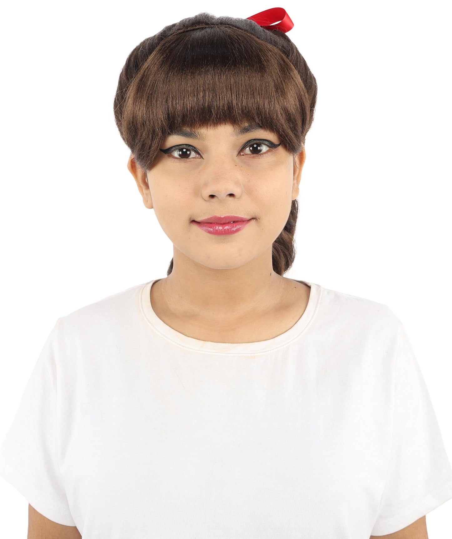 HPO Women's Spiral Ponytail Wig | Multicolor Options | High Updo with Red Ribbon Bow & Bangs, Heat Friendly Synthetic Fiber & Breathable Cap | Halloween, Christmas Event, Themed Party, Theater & Roleplay