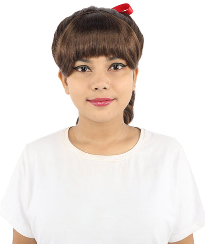 HPO Women's Spiral Ponytail Wig | Multicolor Options | High Updo with Red Ribbon Bow & Bangs, Heat Friendly Synthetic Fiber & Breathable Cap | Halloween, Christmas Event, Themed Party, Theater & Roleplay
