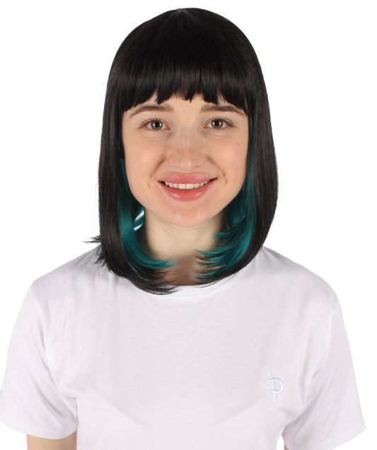 HPO Women's Black and Green Two Tone Wig| Perfect for Halloween| Flame-retardant Synthetic Fiber