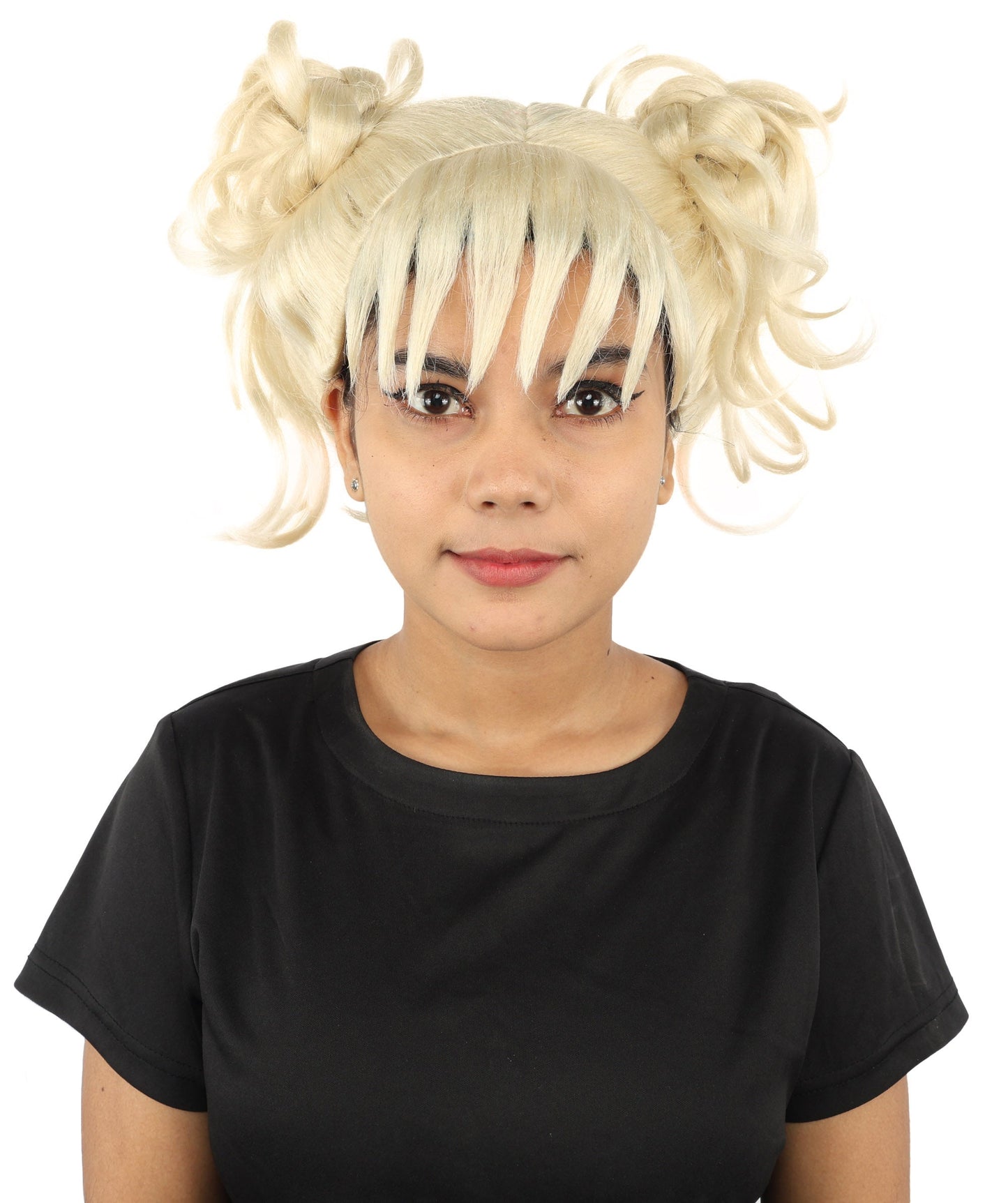 HPO Adult Women’s Messy Twin Bun Wig with Graphic Bangs | Multiple Color Options | Edgy Wig for Cosplay, Fashion Events, Halloween & Stage Wear | Adjustable Cap, Lightweight Synthetic Fiber