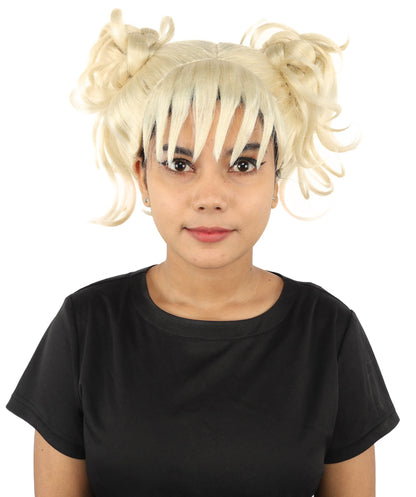 HPO Adult Women’s Messy Twin Bun Wig with Graphic Bangs | Multiple Color Options | Edgy Wig for Cosplay, Fashion Events, Halloween & Stage Wear | Adjustable Cap, Lightweight Synthetic Fiber