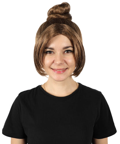 HPO Women’s Gothic Victorian-Style Brown Wig with Messy Bun and Curtain Bangs | Vintage-Inspired Character Wig | Suitable for Cosplay, Halloween, Theater & Costume Events
