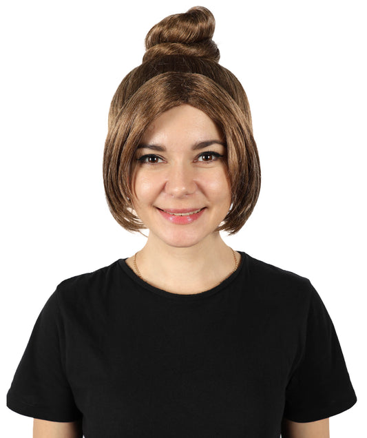 HPO Women’s Gothic Victorian-Style Brown Wig with Messy Bun and Curtain Bangs | Vintage-Inspired Character Wig | Suitable for Cosplay, Halloween, Theater & Costume Events