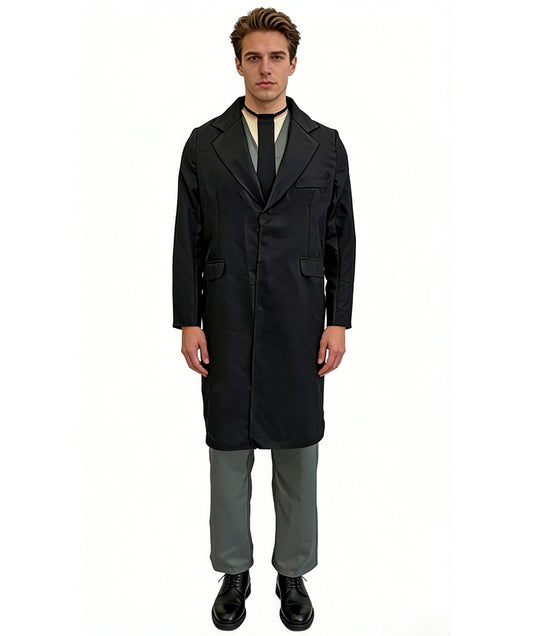 HPO Men's Vintage Mobster Roleplay Set Black and Grey | Crafted from Flame-retardant Synthetic Febric with a tailored long coat and matching trousers | Ideal for party, Halloween, cosplay, theater, drag, performance, costume events