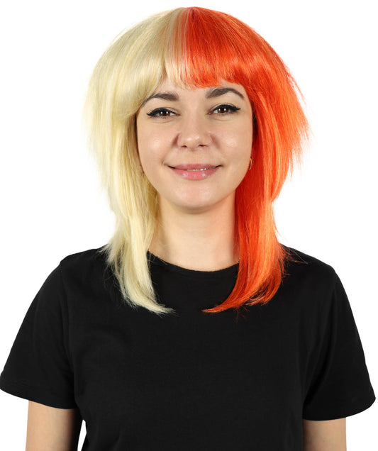 HPO Women’s Two-Tone Red and Blonde Mullet Wig | Edgy Shaggy Cut Cosplay & Fashion Wig | Retro-Inspired Rocker Wig with Layers and Bangs | Synthetic Fiber