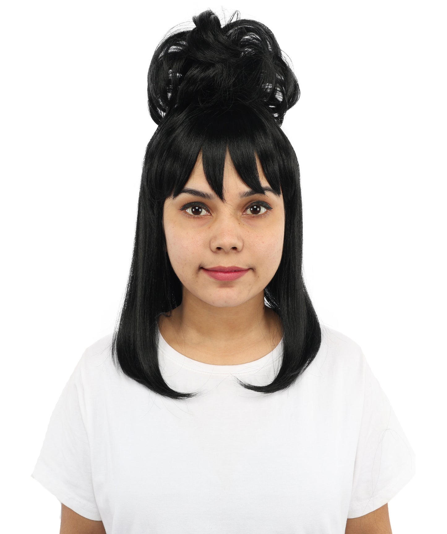 HPO Women's Retro Beehive Updo Wig | Black Hair Style with Straight Bangs | Ideal for Theme Events, Fancy Dress Wear & Party Performances