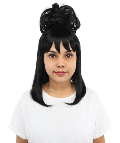 HPO Women's Retro Beehive Updo Wig | Black Hair Style with Straight Bangs | Ideal for Theme Events, Fancy Dress Wear & Party Performances
