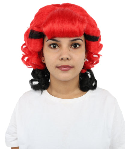 HPO Women's Short Curly Wig with Bangs | Red and Black Synthetic Hairpiece | Adjustable Inner Straps Cap | Lightweight Wig