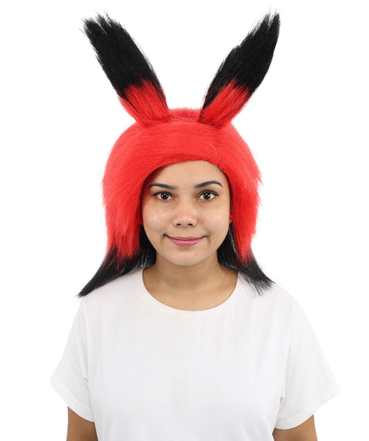 Adult Anime Wig for Women with Bunny Ears | Red & Black Ombre Synthetic Wig with Twin Spikes | Short Layered Hair for Costume Party, Halloween, Carnival, Stage