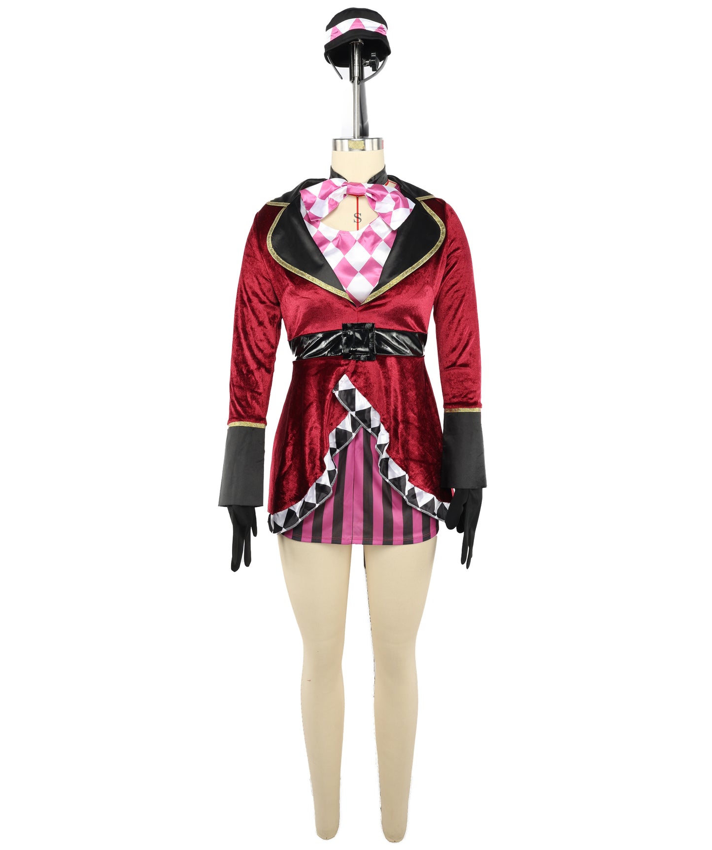 HPO Women’s Magician Alice Costume | Dark Red Top & Skirt with Gloves, Bow Tie & Headband | Cosplay, Halloween, Stage, Party & Roleplay