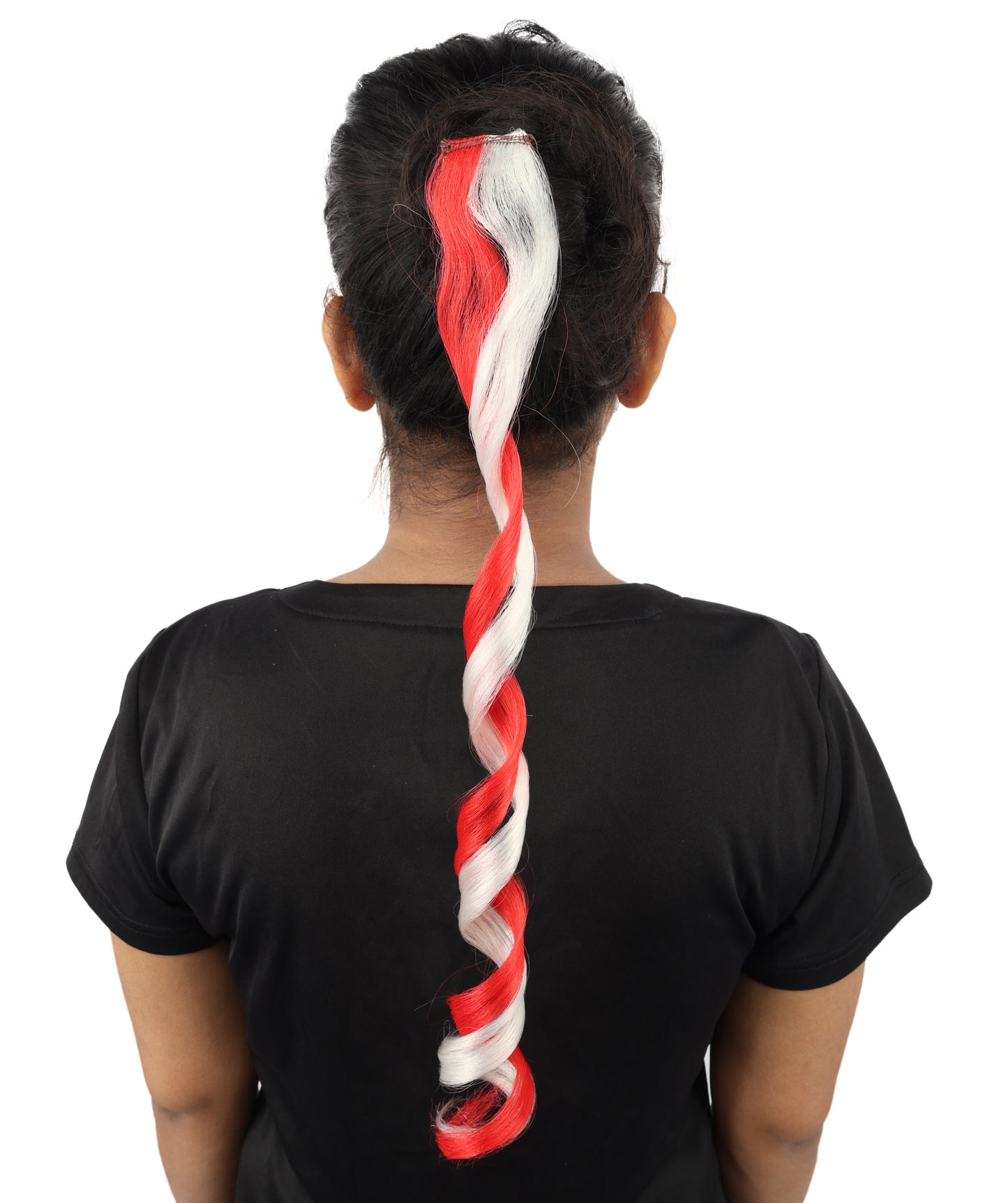 HPO Women's International Curly Hair Extension | Coiled red and white synthetic fibers featuring a twisted attachment design | Ideal for party, Halloween, cosplay, theater, drag, performance, costume events