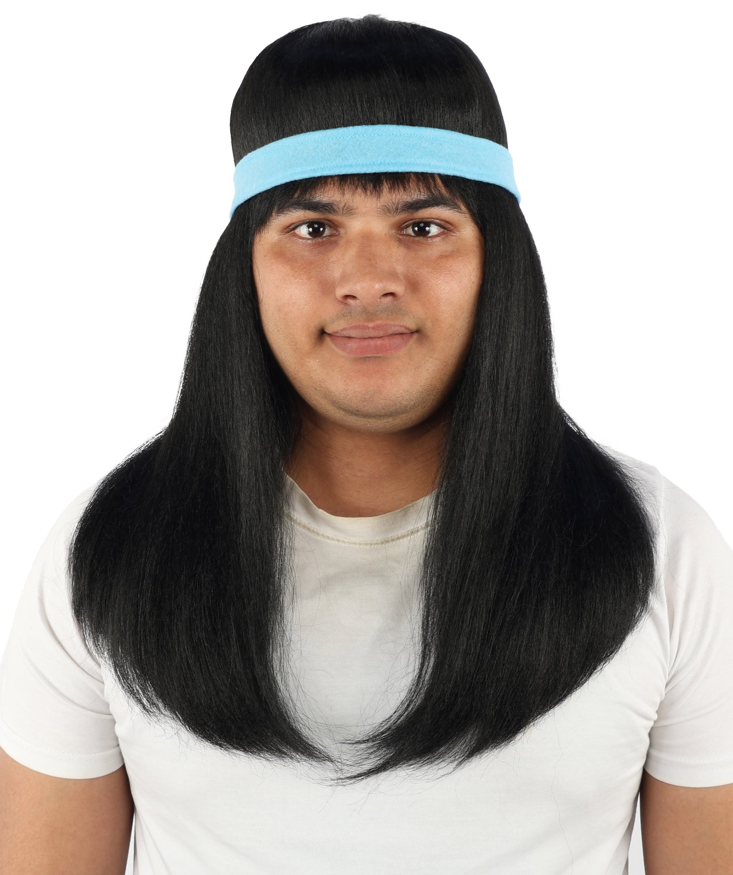 HPO Men's Long Auburn Wig with Headband | Straight Reddish Texture with Blunt Bangs & Included Teal Band, Heat Resistant Fiber | Halloween, Troll Roleplay, Fantasy Party, Carnival & Theater