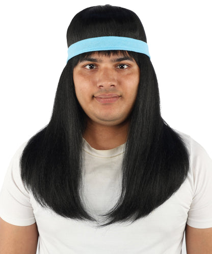 HPO Men's Long Auburn Wig with Headband | Straight Reddish Texture with Blunt Bangs & Included Teal Band, Heat Resistant Fiber | Halloween, Troll Roleplay, Fantasy Party, Carnival & Theater
