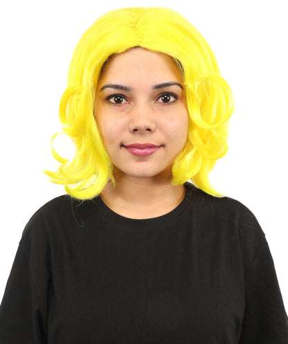 HPO Women's Wavy Bright Yellow Wig | Vibrant Synthetic Medium Hairstyle for Cosplay, Festivals, Stage Shows,  Parties & Photoshoots