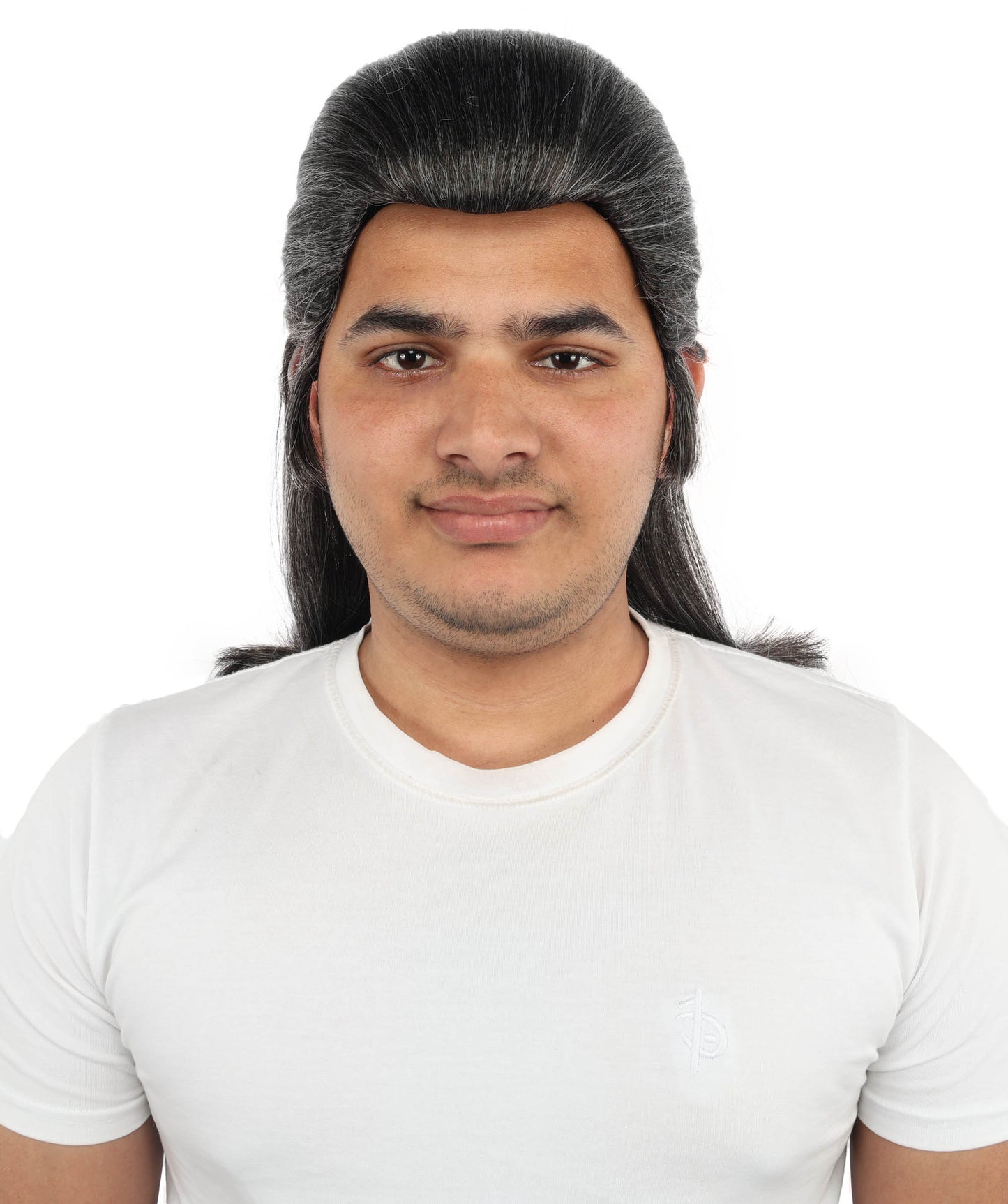 HPO Men's Samurai Warrior Wig | 15 Inch Grey & White Mixed Swept Back Texture Half Ponytail Style | Party Halloween Cosplay Theater Drag Performance Costume Events