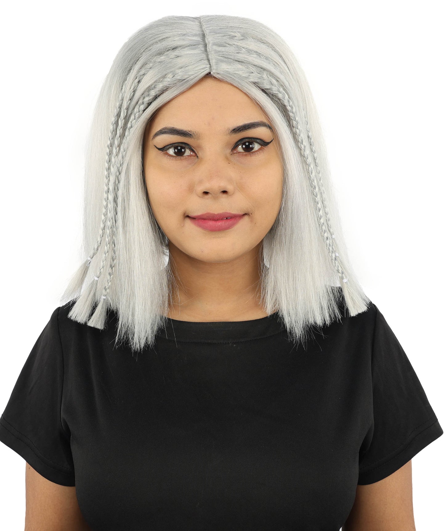 HPO Celebrity-Style 11 Inch Green Rooted Blonde Front Braided Straight Wig | Shoulder-Length Fun, Bold, and Stylish Hairpiece  | Ideal for Halloween, Cosplay, and Themed Parties