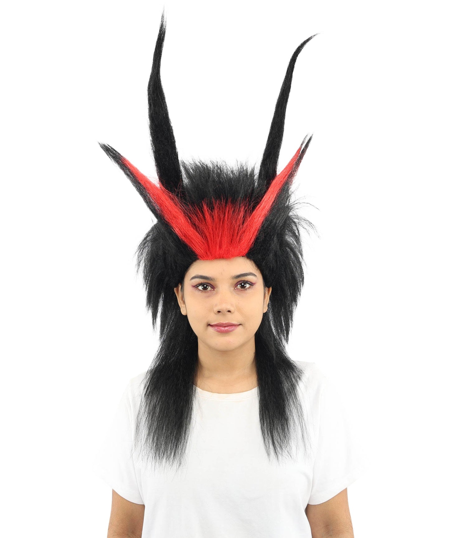 Adult Women’s Black Spiked Horn Wig | Fantasy Hair with Red Accents | Ideal for Gothic Cosplay and Halloween Events