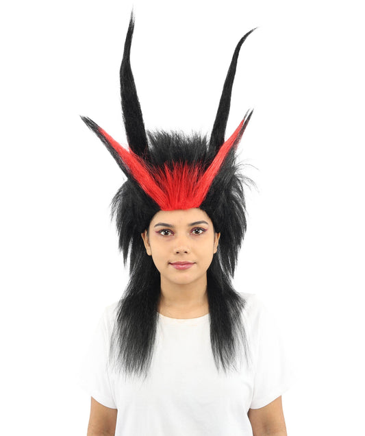 Adult Women’s Black Spiked Horn Wig | Fantasy Hair with Red Accents | Ideal for Gothic Cosplay and Halloween Events
