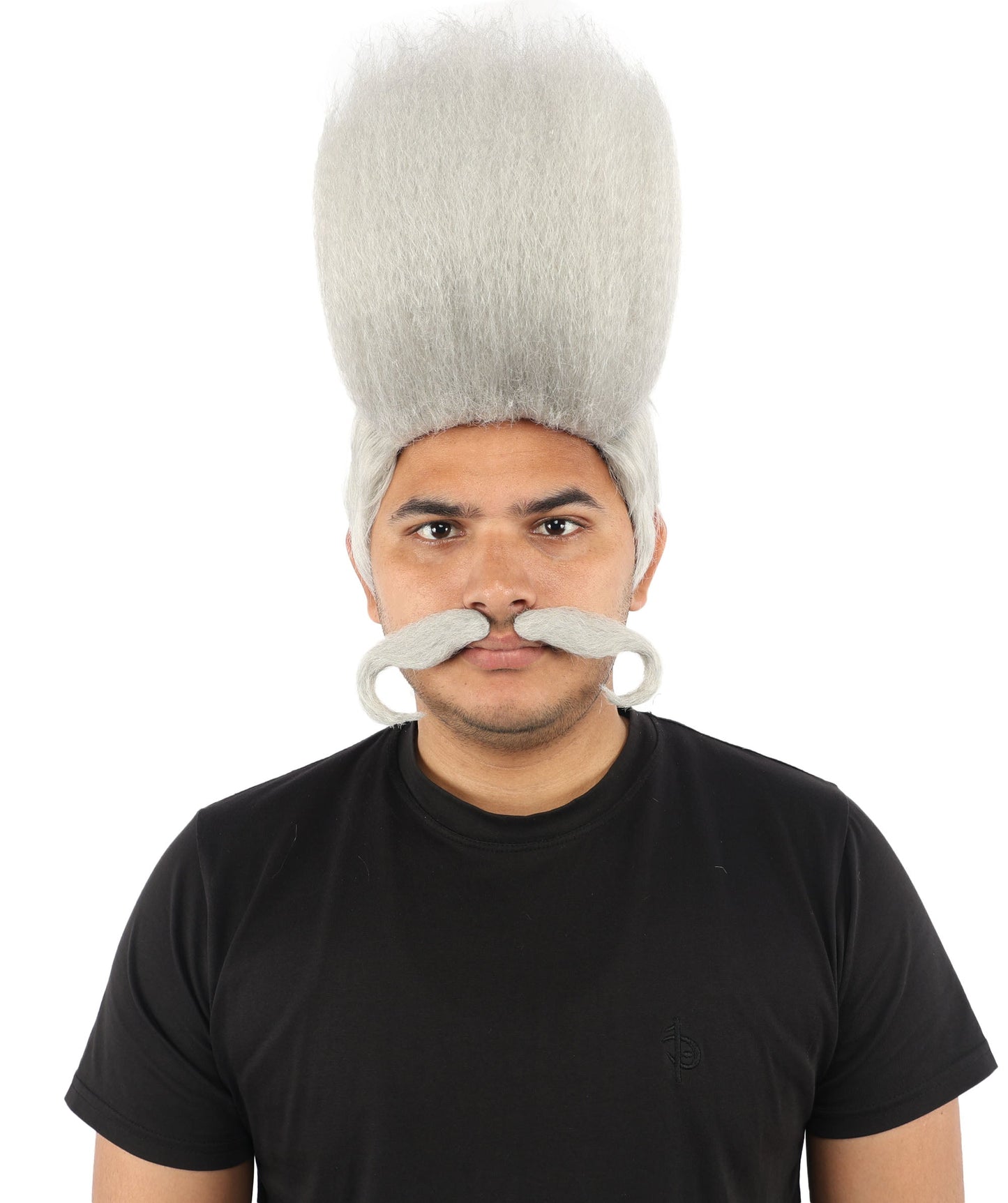 HPO Adult Men's Tall Flat Top Wig and Mustache | Vertical Dark Pompadour with Long Handlebar Facial Hair, Synthetic Fiber & Breathable Net | Halloween, Carnival, Stage Performance & Roleplay