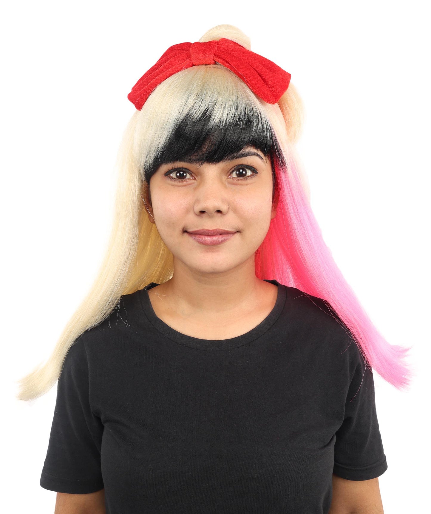 HPO Women’s Black & Blonde Medium-Length Straight Wig with Pink Tips | Flame-retardant Synthetic Fiber | Lightweight Capless Design for Halloween and Cosplay