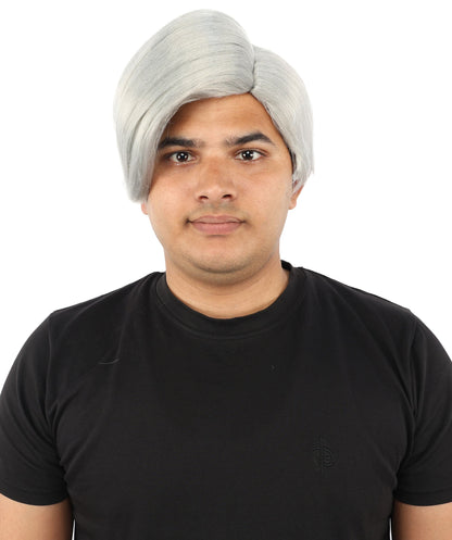 HPO Adult Men's Short Black Side Swept Wig | Thick Layered Bangs with Natural Texture,  Adjustable Cap | Halloween, Themed Party, Stage Performance & Roleplay