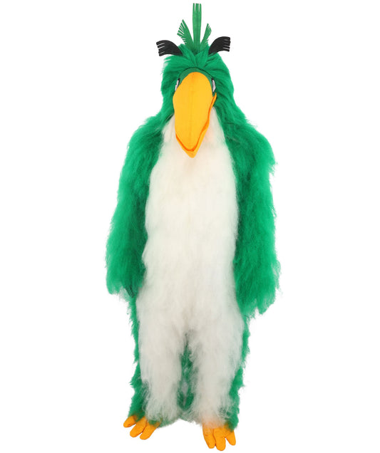 HPO Adults Parrot Mascot Costume Full-Body Furry Bird Jumpsuit with Mask - Green & White Parrot Costume Set with Furry Full-Body Jumpsuit and Character Mask for Halloween Cosplay Parties & Events