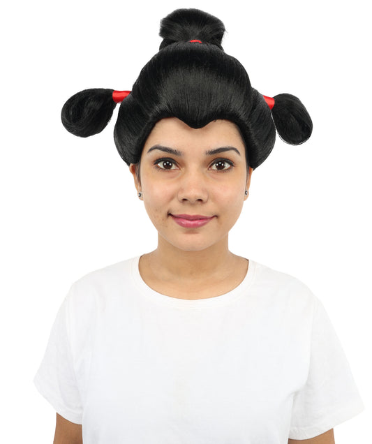HPO Women’s Black Cosplay Wig with Red Accents & Multiple Small Buns | Medium Styled Wig for Halloween, Cosplay, Parties, Stage & Roleplay