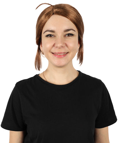 HPO Women’s Gaming Character Brown Low Bun Wig with Side Part | Synthetic Hairpiece | Ideal for Cosplay, Halloween, and Themed Events