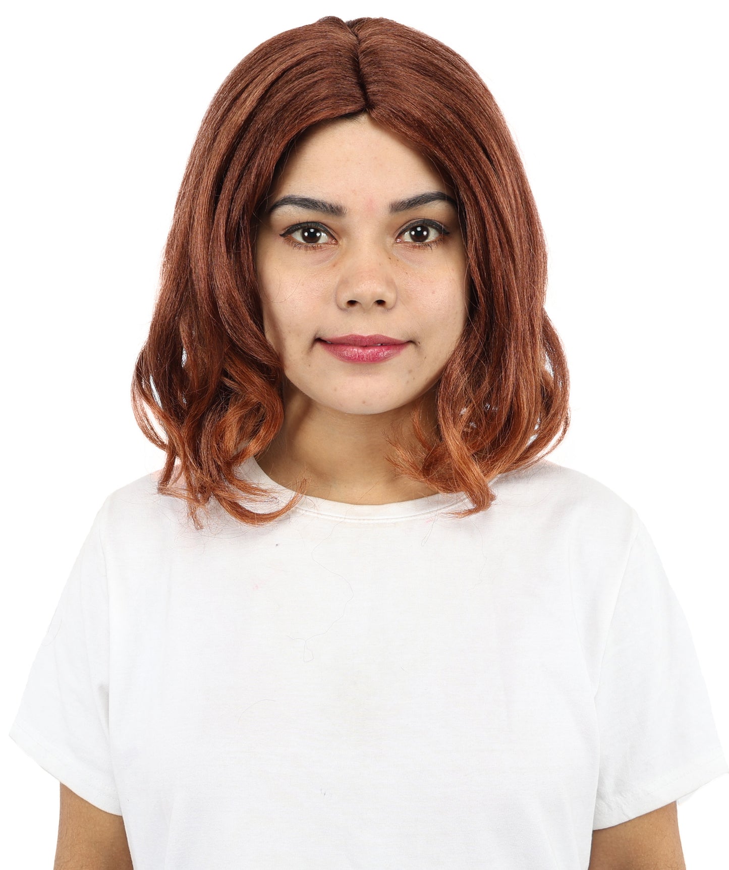 HPO Women’s Short Curly Copper Brown Wig – 13” Shoulder-Length Hairpiece with Side Part | Ideal Hairpiece for Theatre, Dress-Up, Cosplay & Character Roleplay