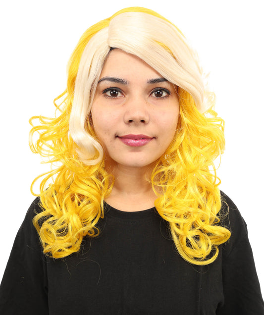 HPO Women’s Two-Tone Blonde & Yellow Curly Wig | Medium Layered Synthetic Hairpiece with Star Pop Style | Ideal for Costume, Halloween, and Stage Performances or any Themed Party