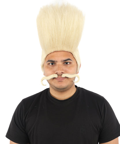 HPO Adult Men's Tall Flat Top Wig and Mustache | Vertical Dark Pompadour with Long Handlebar Facial Hair, Synthetic Fiber & Breathable Net | Halloween, Carnival, Stage Performance & Roleplay