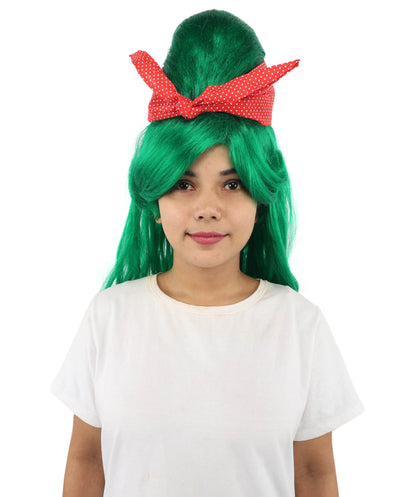 HPO Women’s Retro Beehive Wig with Red Bow | Multicolor Options | Extra Long Wavy Fancy Dress Accessory | Fancy Dress Accessory | Celebrity-Inspired Hair for Halloween, Cosplay & Music Tribute Parties