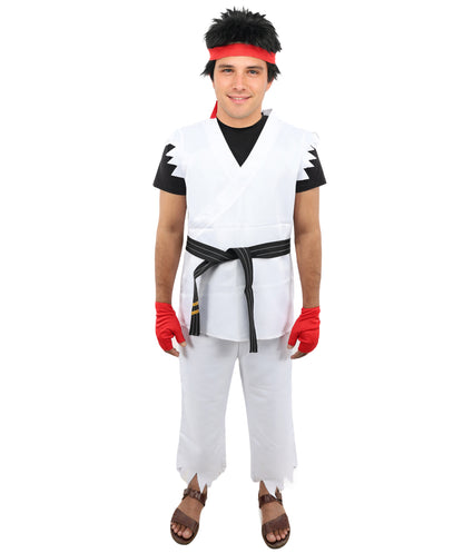 HPO Men's Martial Arts Fighter Outfit | White GI Costume with Body, Pant, Belt, Gloves, Headband | Video Game Fighter costume For Cosplay & Themed Battle Events