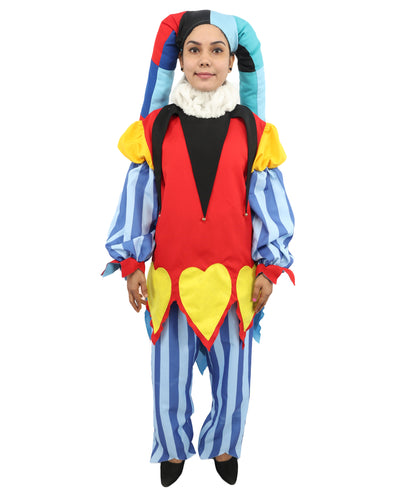 HPO Women's Harlequin Jester Costume | Multi-Pattern Ronior and Uniform Fabric Construction with Horned Cap and Drawcord | Ideal for Halloween, Drag, Theater, and Themed Performance Events