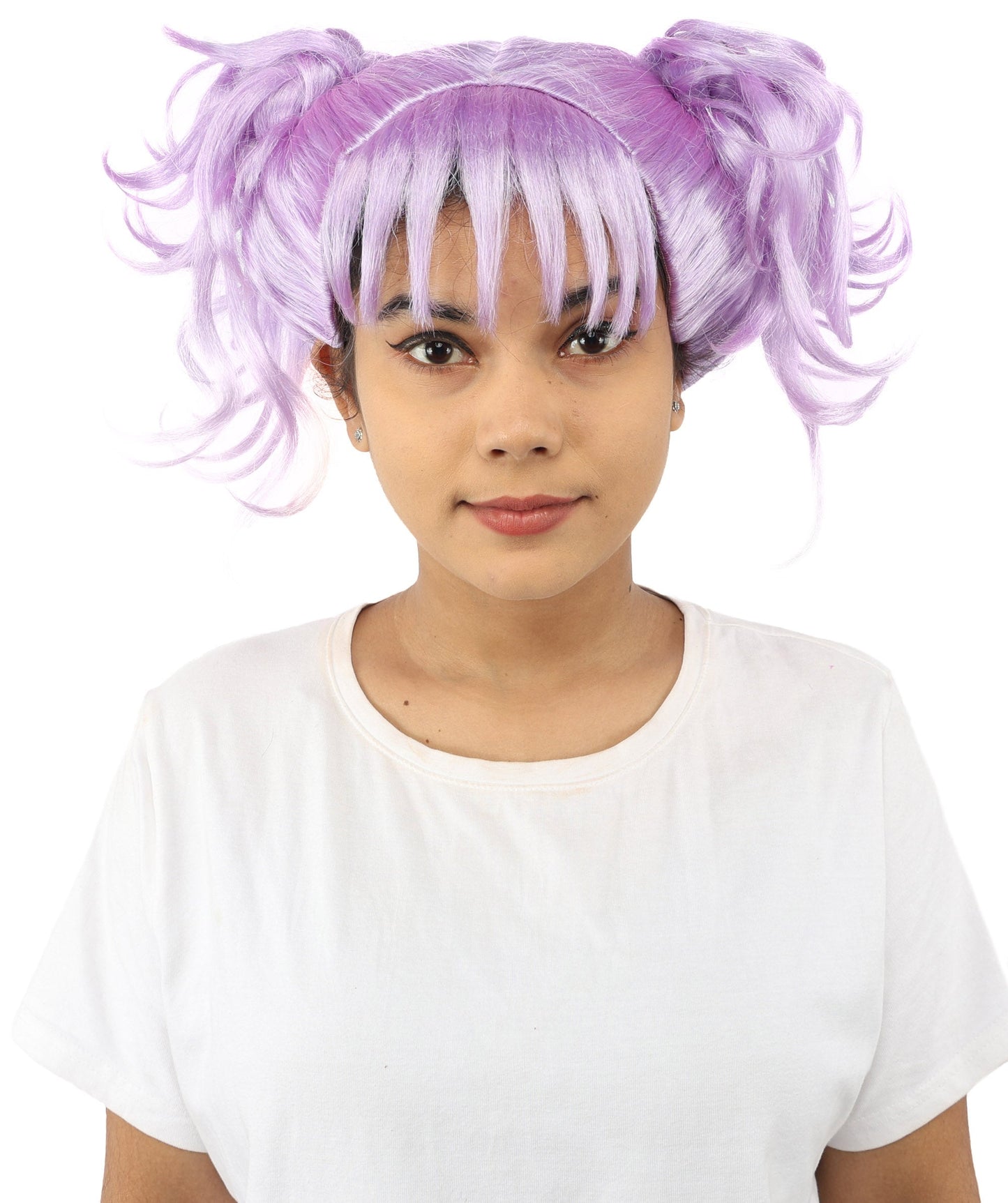 HPO Adult Women’s Messy Twin Bun Wig with Graphic Bangs | Multiple Color Options | Edgy Wig for Cosplay, Fashion Events, Halloween & Stage Wear | Adjustable Cap, Lightweight Synthetic Fiber