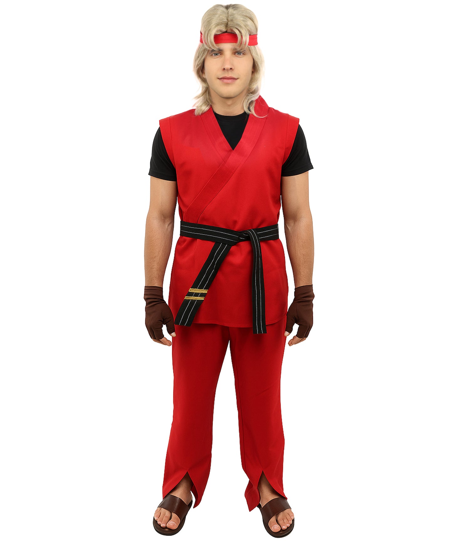 HPO Men Martial Arts Fighter Outfit | Red Gi Costume with Belt, Headband & Gloves, Body | Video Game Fighter costume For Cosplay & Themed Battle Events
