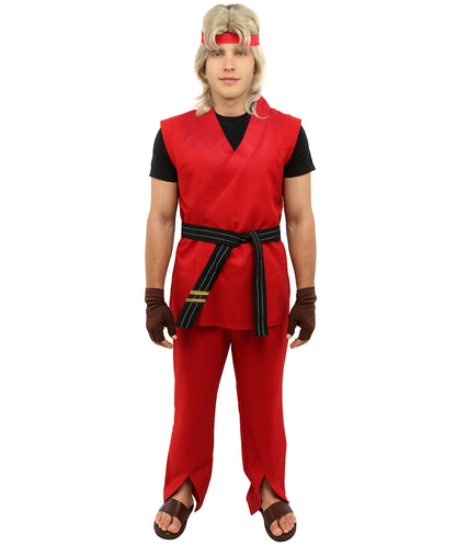 HPO Men Martial Arts Fighter Outfit | Red Gi Costume with Belt, Headband & Gloves, Body | Video Game Fighter costume For Cosplay & Themed Battle Events