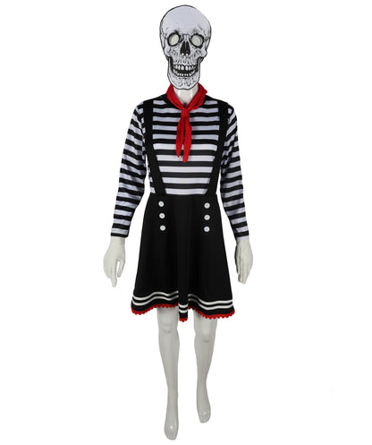 HPO Adult Women Mime Costume for Women | Black & White Striped Dress with Mask, Gloves & Tie Dress | Parisian Street Performer Outfit for Halloween, Cosplay & Theater